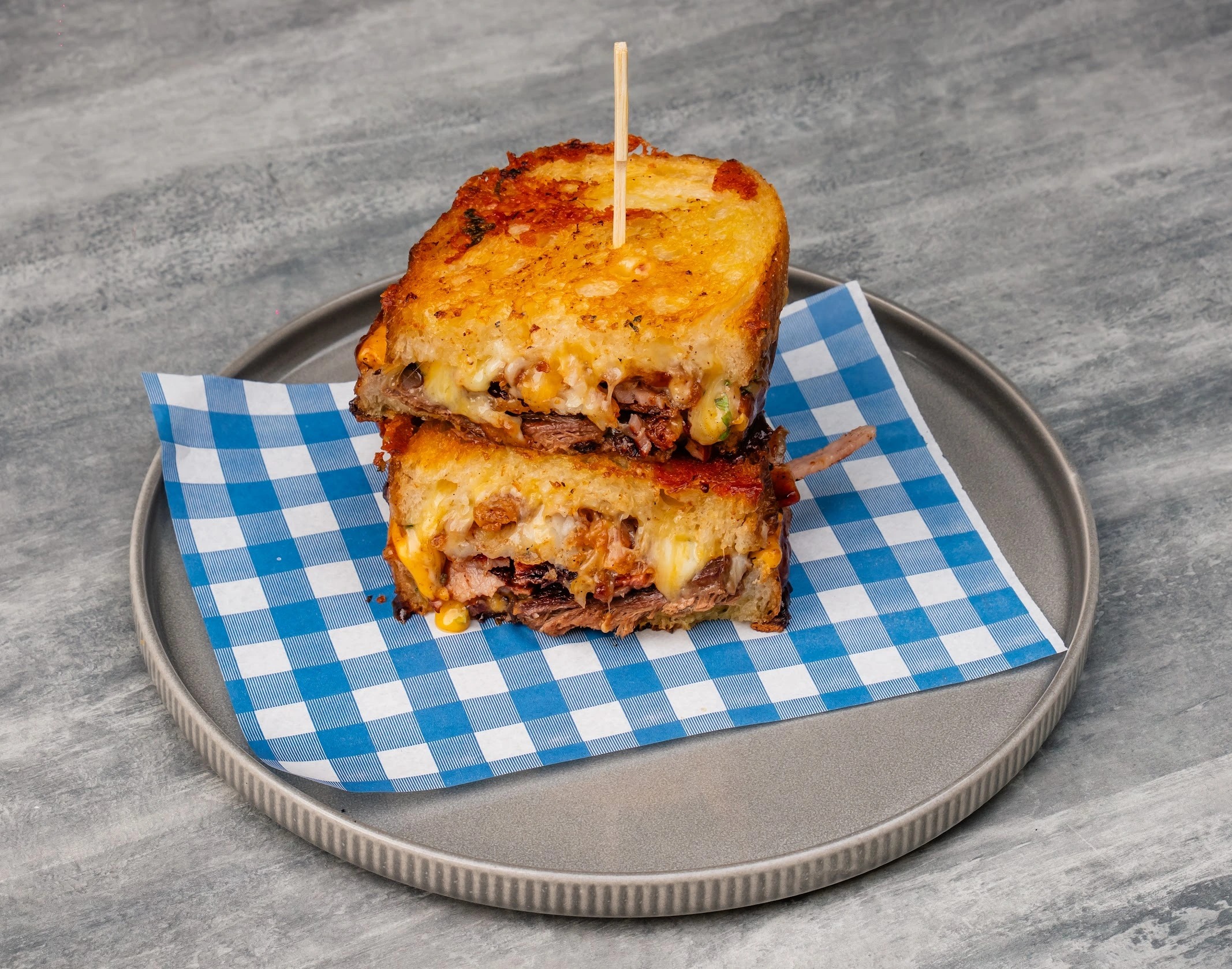 Beef Brisket Cheese Toastie with smoked beef brisket, three cheeses and thick sourdough bread